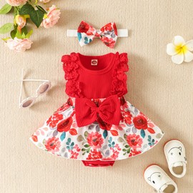 ESSECMBS Baby Girl Summer 2 Piece Romper Dress Suit Lace Ruffle Sleeves All-in-One Floral Print Bodysuit Dress with Headband Newborn Romper Suit, red