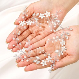 Foryysa Flower Bride Wedding Hair Vine Silver Rhinestone Pearl Bridal Headpiece Elegant Crystal Heaband Sparkly Accessory for Women and Girls