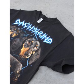 Heavy Metal 80s and 90s Funny Bootleg Graphic Tee Featuring Dachshund Wiener Dog Heavyweight Tshirt for Men and Women (US, Alpha, X-Large, Regular, Regular, Dachshund)