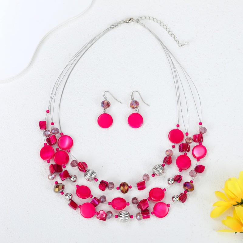 Aenu Multi-Strand Shell Beaded Statement Necklace and Earrings for Women