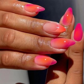 YOSOMK Colorful Acrylic Press on Nails Almond Medium Fake Nails Press Ons Full Cover Glue on False Nail Red Orange Designs Artificial Stick on Nail for Women