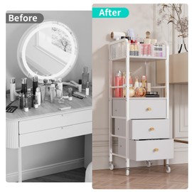 HapiRm Rolling Makeup Cart Organizer - Floor Skincare Make Up Storage with 3 Drawers, Vanity Organizer Cosmetic Display Cases Holder for Skin Care Perfume Nail Polish Brush Hair Tool, White
