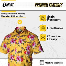 Unruly Outfitters Hawaiian Shirt for Men Yellow Rifle Button Down Shirts Men Novelty Funny Flower & Weapons Tiki Luau Vintage Tropical Military Summer Beach Graphic Vacation Mens Shirts with Gun-M