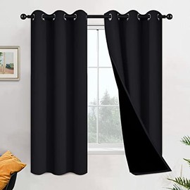 Yakamok 100% Blackout Lined Pair Curtains for Bedroom, Window Treatment Thermal Insulated Noise Blocking Drapes for Living Room(42Wx63L,Black, 2 Panels)