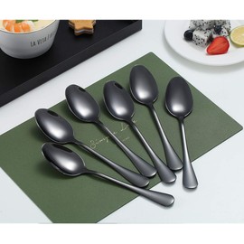 Black Teaspoons, Kyraton 6 Pieces 14cm Stainless Steel Tea Spoons with Black Titanium Plating, Ice Cream Spoons, Dessert Spoons, Coffee Spoons, Golden Spoons Silverware Pack of 6