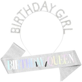 DRESHOW Birthday Girls Headband Birthday Tiara with Sash Princess Crown Rhinestone Happy Birthday Accessories for Women Girls, 1 piece: sliver