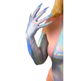 DooWay Long Metallic Gloves with Nails Holographic Silver 28" Rave Party Costume Gloves