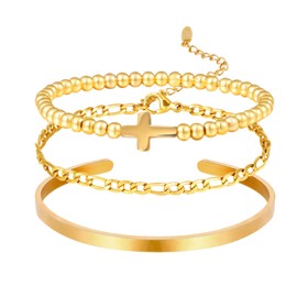 MILAKOO Gold Stack Bangle Cuff Bracelet Set Beaded/Figaro Chain/Cuff Stainless Steel Link Chain Bracelets for Women