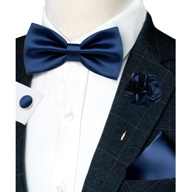 RBOCOTT Navy Blue Bow Tie for Men Silk Bowtie and Pocket Square with Lapel Pin Cufflinks Set (5)