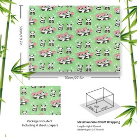 4 Sheets Panda Wrapping Paper,Green Wrapping Paper Animal Gift Wrap for Boys Girls,Panda with Tulip Flower and Bamboo Gift Wrapping Paper for Birthday Baby Shower Christmas,76 x 52 cm