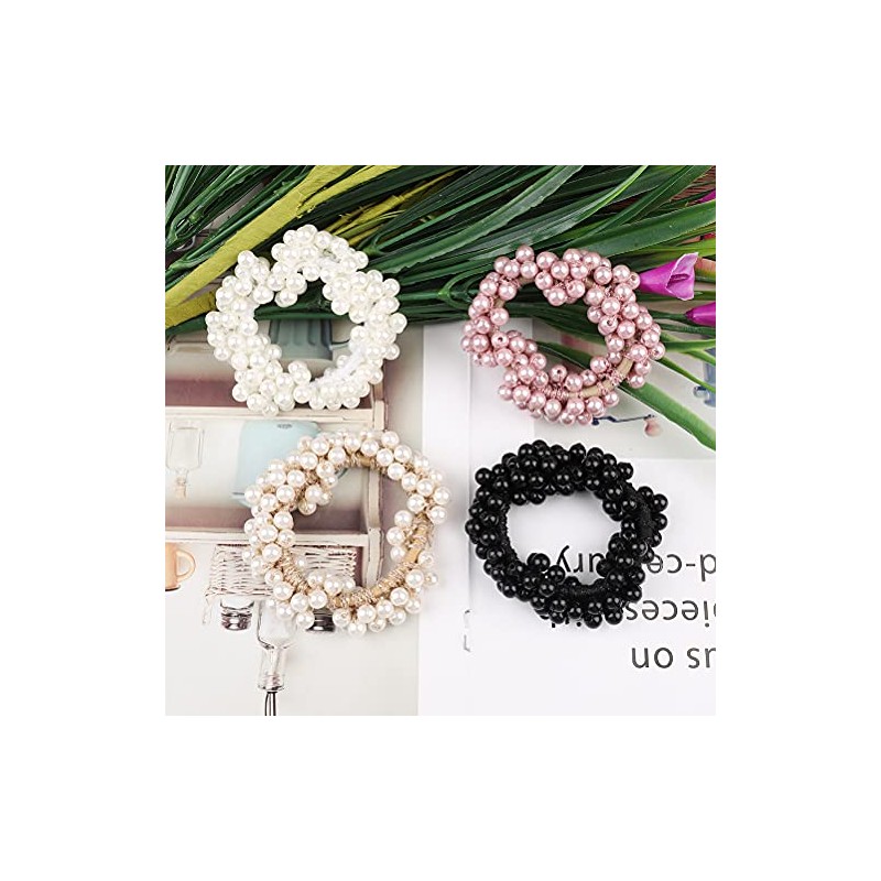 4 Pcs Pearl Hair Scrunchies, Elastic Hair Ropes Ponytail Holder