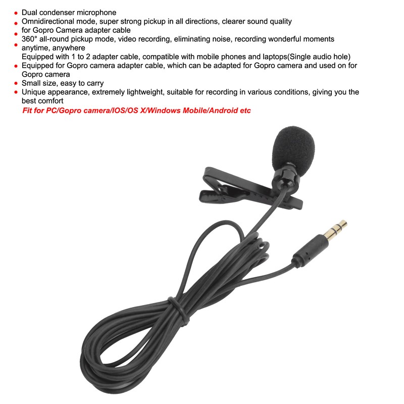 3.5mm Lavalier Lapel Microphone Clip on Hands Free Microphone for
