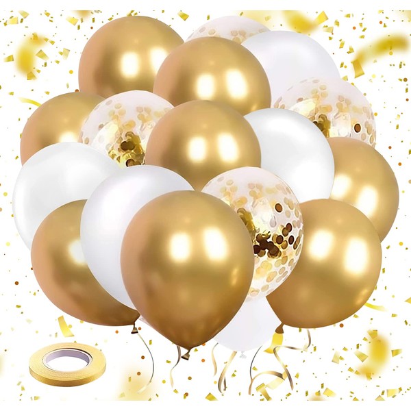 OHugs Metallic Gold Balloons - 31 Pcs Set of 15 Chrome Gold Balloons, 10 White Balloons, 5 Confetti Balloons, 1 Gold Ribbon for Bridal Shower, Baby Shower, Birthday Party, Gender Reveal