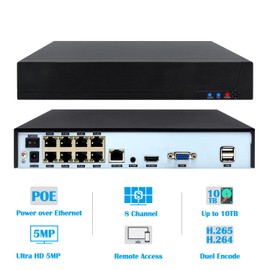 REVODATA 8CH POE NVR, HD 5MP POE Network Video Recorder, 8 Channel Power Over Ethernet, Supports up to 8 x 5MP IP Cameras, Supports up to 10TB HDD