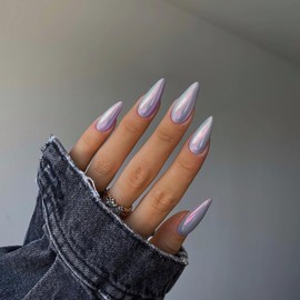 Light Blue Chrome Press on Nails Medium Almond, KQueenest Mirror Aurora Stiletto Fake Acrylic Nails with Bling Design, Reusable Glue on Nails for Daily Party Wear, False Nails Press ons in 24 PCS