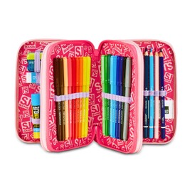 SJ GANG STYLE JAM GANG School Pencil Case with 3 Zippers Cat LED Pink Pencil Holder with Triple Compartment Complete with Pens, Pencils, Paints, Accessories Backpack, Primary School, Girls