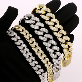 KRKC&CO Cubic Zirconia Miami Cuban Bracelet 12/18mm Men's Breath 14K Gold Plated CZ Diamond Fat Men Wristlet Hip Hop Street Cool Accessory, One size, Brass, Cubic Zirconia