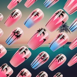 Coconut Palm Medium Coffin Fake Nails Summer Beach Press on Nails 24Pcs Glossy Pink Gradient Stick on Nail Blue French Gel Glue on Fingernails Acrylic Full Cover False Nail for Holiday Manicure Art