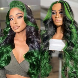 haha Black and Green Highlight Wig Human Hair 13x4 Body Wave Frontal Wig Ombre Green Lace Front Wig Human Hair Skunk Stripe Wig Pre Plucked With Baby Hair 150% Density Colored 24 Inch 1B/Green