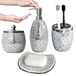 Escenzy Modern Silver Bathroom Accessories Sets 4 Pcs | Luxurious Soap Dispenser, Toothbrush Holder, Cotton Glass Jar, Soap Tray | Silver Bathroom Decor | Mosaic Glass Bathroom Accessories