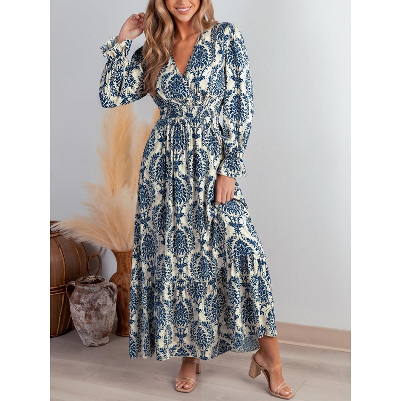 CUPSHE Maxi Dresses for Women V Neck Ruffled Long Sleeve