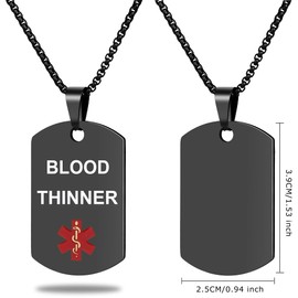UNICGIFT Medical Alert ID Necklace, Laser Engraved BLOOD THINNER, Stainless Steel Tag Pendant with 23.6 inch Chain for Men Women Emergency First Aid