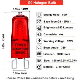 Vinaco G9 Heat Lamp Bulbs for Reptile, Dimmable Night Red UVA UVB Reptile Heat Lamp G9, 2 Pin Base Mini G 9 Halogen Bulbs 50W 120V, Infrared Heat Lamp for Bearded Dragon Gecko Turtle Lizard