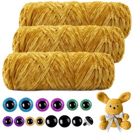 Mngevcy 3 x 150 m Chenille Wool for Crochet, Fluffy Wool, Soft Chenille Yarn with 14 Safety Eyes for Knitting, Ginger Yellow