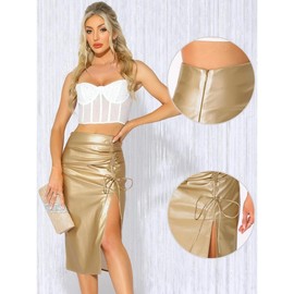 Allegra K Faux Leather Skirts for Women's High Waist Side Slit Bodycon Pencil Midi Skirts Golden - Color: Golden, Size: Medium
