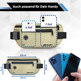 praxxim Flat Bum Bag for Sports, Jogging, Safe Travel, Black Belt Bag for Men and Women, Money Belt with Secret Compartment and RFID Protection, beige, Flat fanny pack for men and women