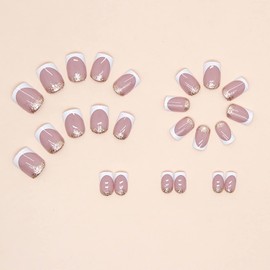Press on Nails Short Length Coffin Shape, 24Pcs Full Cover Reusable Glossy Square False Nails with French Tips Designs, Artificial Fingernails Acrylic Fake Nails with Glue, Glue on Nails Charms