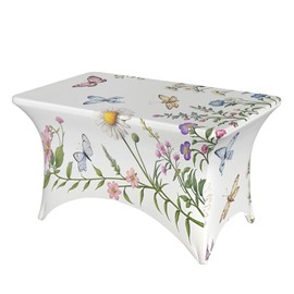 Spring Floral Butterfly Spandex Tablecloth for Rectangular Tables, Fitted Tablecloth 4FT Stretch Spandex Table Covers for Folding Tables, Wrinkle Resistant Table Protector for Party Weddings BBQ