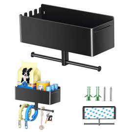 Dog Leash Holder for Wall, Dog Leash Hooks, Wall Mounted Leashes Hangers, Dog Storage Organizer, Key Holder with Storage Shelf, Pet Stuff Organizer for Pet Toys, Collar, Treats, Poop Bag (Black)