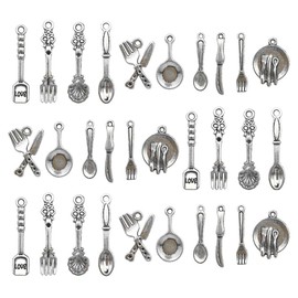 Kinteshun Kitchen Tableware Charms Baking Cooking Knife Fork Spoon Plate Pan Dinnerware Charm Pendant for DIY Jewelry Making Accessaries(100pcs,Antique Silver)