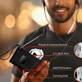 Coby Portable AM/FM Radio, Retro Pocket Radio for Indoor or Outdoor Use, Emergency-Preparedness Essential, 800-Hour Battery, Powerful Speakers, Integrated Antenna, Black