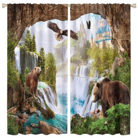 Natural Tropical Scenery Curtains, Rural Cliff Castle Rainforest Waterfall Wild Bear Eagle, Blackout Rod Pocket Thermal Insulation Window Drapes for Living Room Bedroom Bathroom 42x45in