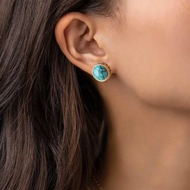 Cybche Boho Round Turquoise Earrings Gold Turquoise Stud Earrings Turquoise Gemstone Earrings Blue Stone Earrings Turquoise Stone Cubic Zirconia Earrings Jewellery For Women, Zinc, No Gemstone