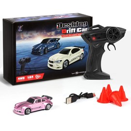 Hotfree 1/64 Mini RC Drift Car, 4WD High-Speed Full-Proportional Remote Control Sports Car with Steering Servo, LED Lights, USB Rechargeable, Desktop Entertainment Toy, Fun Birthday Gift for Kids & Boys - Color: FQD23-PINK