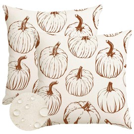 RABUSOFA Fall Outdoor Pillow Covers Waterproof 18x18 inch Set of 2 Fall Decorations Orange Lines Pumpkin Decor White Autumn Cushion Covers Thanksgiving Decoration for Home Couch