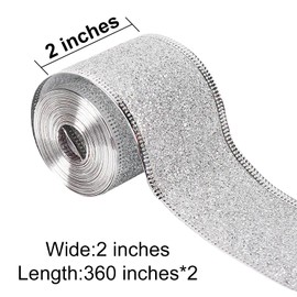 20 Yards Silver Glitter Wired Ribbon with Silver Metallic Edge, 2 Inch Christmas Ribbon for Wreath, Tree Decoration, Home Decor (Silver, 20 Yard)