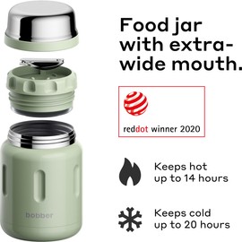 BOBBER 24 oz Insulated Stainless Steel Thermos for Hot Food, Extra-Wide Mouth Soup Container with Spoon and Bowl - Keeps Rice and Pasta Hot for 14 Hours and Salads Cold for 20 Hours (Green)
