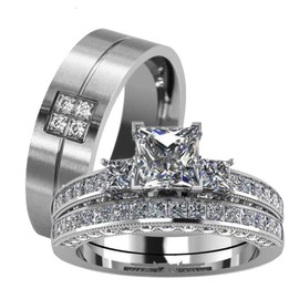 Couple Ring Bridal Set His Hers White Gold Plated CZ Stainless Steel Wedding Ring Band Set