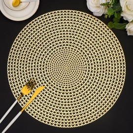 Gold Round Placemats Metallic Pressed Vinyl Hollow Out Heart Table Mats Set of 6 Easy Clean Non-Slip Washable for Dining Tables Kitchen Decor