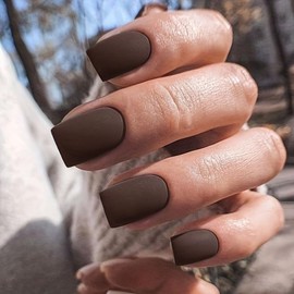Matte Brown Press On Nails Short Square, Short Gel Nails Glue on 2024 Fall Colors Acrylic Nails Press ons Featured Protective Coat Thick Reusable Fake Nails 24Pcs Short Coffin Artificial Nails