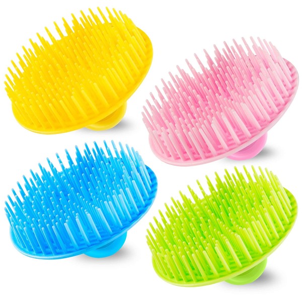 YEALIFE 4Pack Hair Scalp Exfoliator Brush Dandruff Cleaning Brush, Flexible Scalp Massager Brush, Shower Scalp Shampoo Brush for Home, Office, Travel and Pets(Flexible Blue/Pink/Orange/Green)