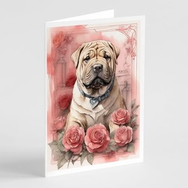Caroline's Treasures DAC4560GCA7P Shar Pei Valentine Roses Greeting Cards Pack of 8 Blank Cards with Envelopes Whimsical A7 Size 5x7 Blank Note Cards