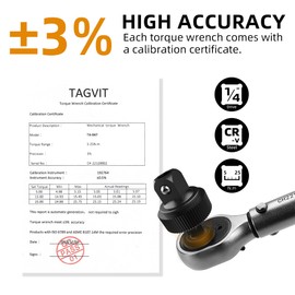 TAGVIT Torque Wrench 1/4 Inch, 5-25 Nm Torque Wrench Bicycle, ± 3% Error Accuracy with 72 Teeth Reversible Ratchet Head for Bike, MTB and Motorcycle