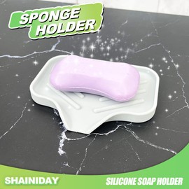 1 Piece Silicone Soap Dish, Sponge Holder, Kitchen Sink, Bathroom, Shower, Bath Tub Self Drain Soap Tray, Self Dry Sink Organizer Dispenser (5.3x3.1 Inch, Grey)