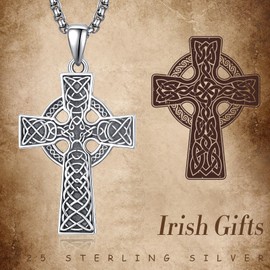 KINGWHYTE Celtic Cross Necklace 925 Sterling Sliver Celtic Knot Pendant Religious Protective Gift Irish Jewelry Gift for Men and Women