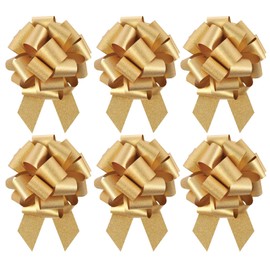 Large Gold Glitter Gift Wrap Pull Bows - 5" Wide, Gold Glitter Ribbon Big Pull Flower Bows for Amazing Gifts and Presents, Set of 6 (Glitter Gold)